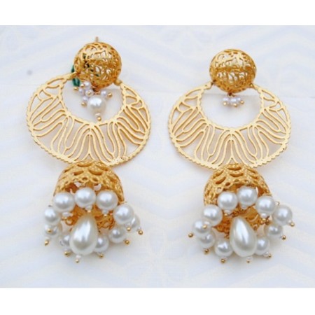 Matte Gold Chand Jhumkas with Pearl Drop